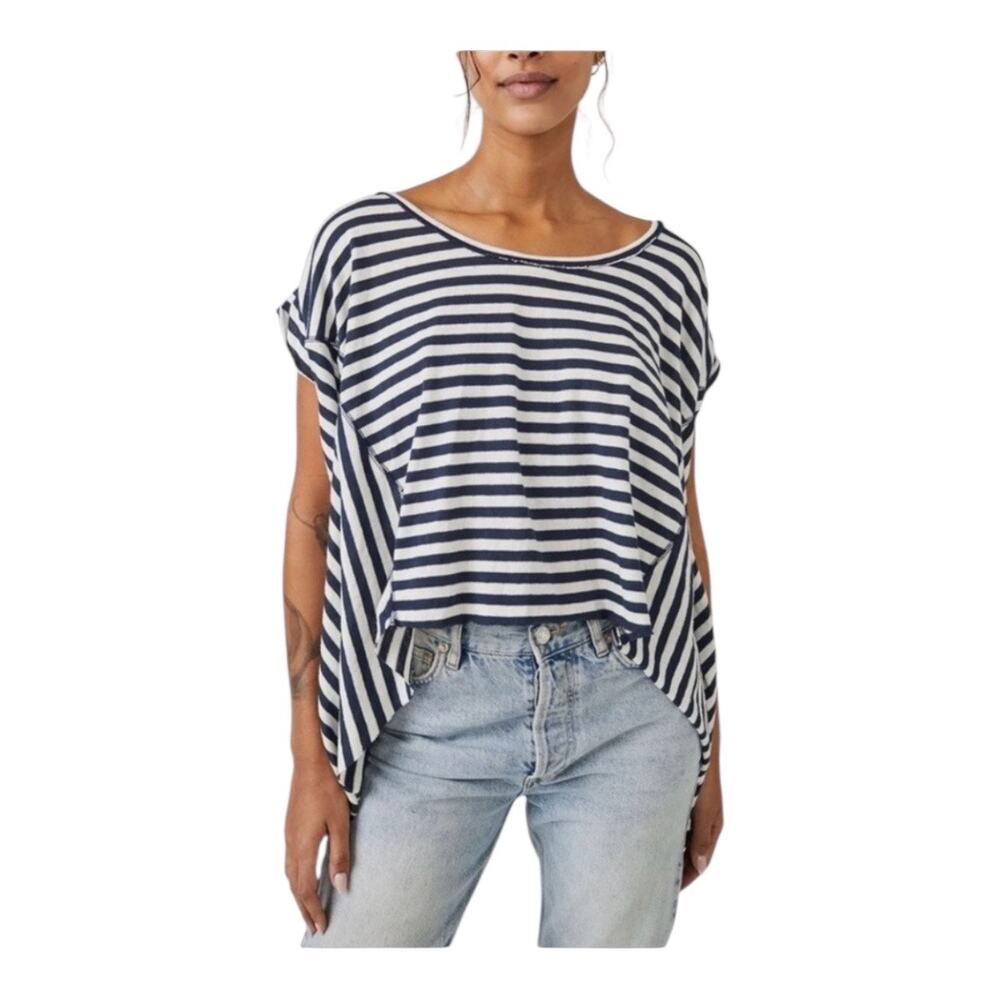 We the Free Angel Relaxed Top Women NWOT Blue White 100% Cotton Large